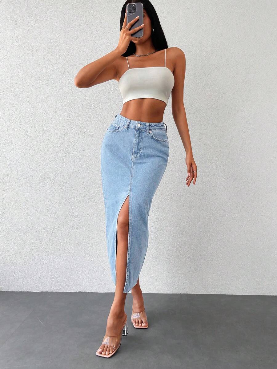 EURMUSE Split Thigh Denim Skirt - Light Wash - View 1