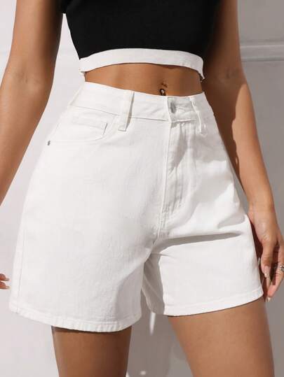 SHEIN ICON Shorts vaqueros casuales y versátiles de unicolor para mujeres