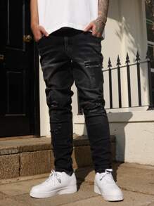 Manfinity Homme Męskie proste, zniszczone dżinsy z kieszeniami, codzienne, codzienne ubrania