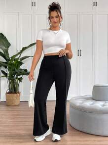 SHEIN Tall CURVE 大码女式简约日常喇叭裤，舒适休闲，春季休闲黑色长裤，通勤、办公、运动皆宜 - 黑色 - 查看 6