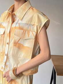 FRIFUL 2pcs Women Holiday Tie Dye Tie Dye Print Loose Vest Top & Shorts Set
