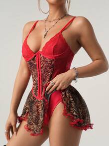 SHEIN ICON 蕾丝拼布金属纽扣豹纹喇叭下摆吊带连衣裙 - 彩色 - 查看 6