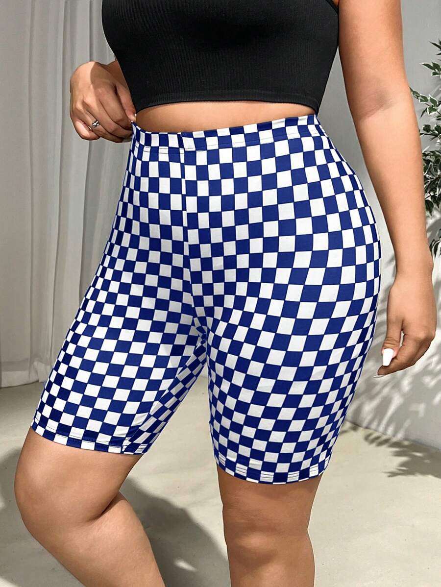 SHEIN EZwear 加大码女式健身裤，蓝白格子休闲短款紧身裤，春夏装，大学生装 - 藍白色 - 查看 1
