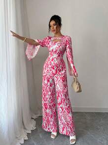 Elenzga Mono recto de pierna ancha con abertura lateral, estilo occidental, talla estándar para mujer