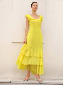 GENKIRA Elegant Ruffle Hem Layered Hem Design Fitted Waist Long Dress For Women ROMANTIC Style Inspiration  For Summer - Yellow - View 3