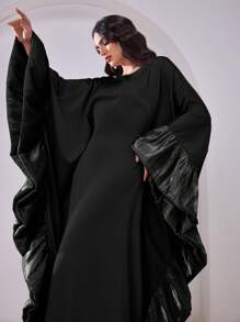 Al Najma 女士优雅圆领荷叶边宽松阿拉伯长袍连衣裙，端庄 - 黑色 - 查看 1