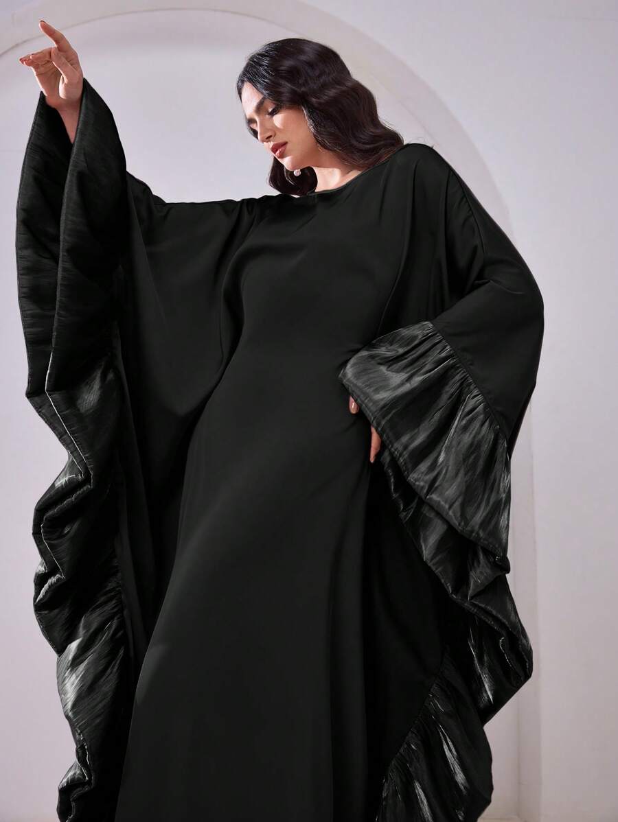 Al Najma 女士优雅圆领荷叶边宽松阿拉伯长袍连衣裙，端庄 - 黑色 - 查看 1