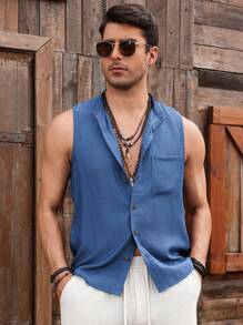Manfinity RSRT Men's Casual Solid Color Front Button Tank Top, Summers - Blue - View 3