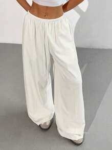 SHEIN EZwear 女士休闲纯色抽绳腰阔腿裤 - 米色 - 查看 6