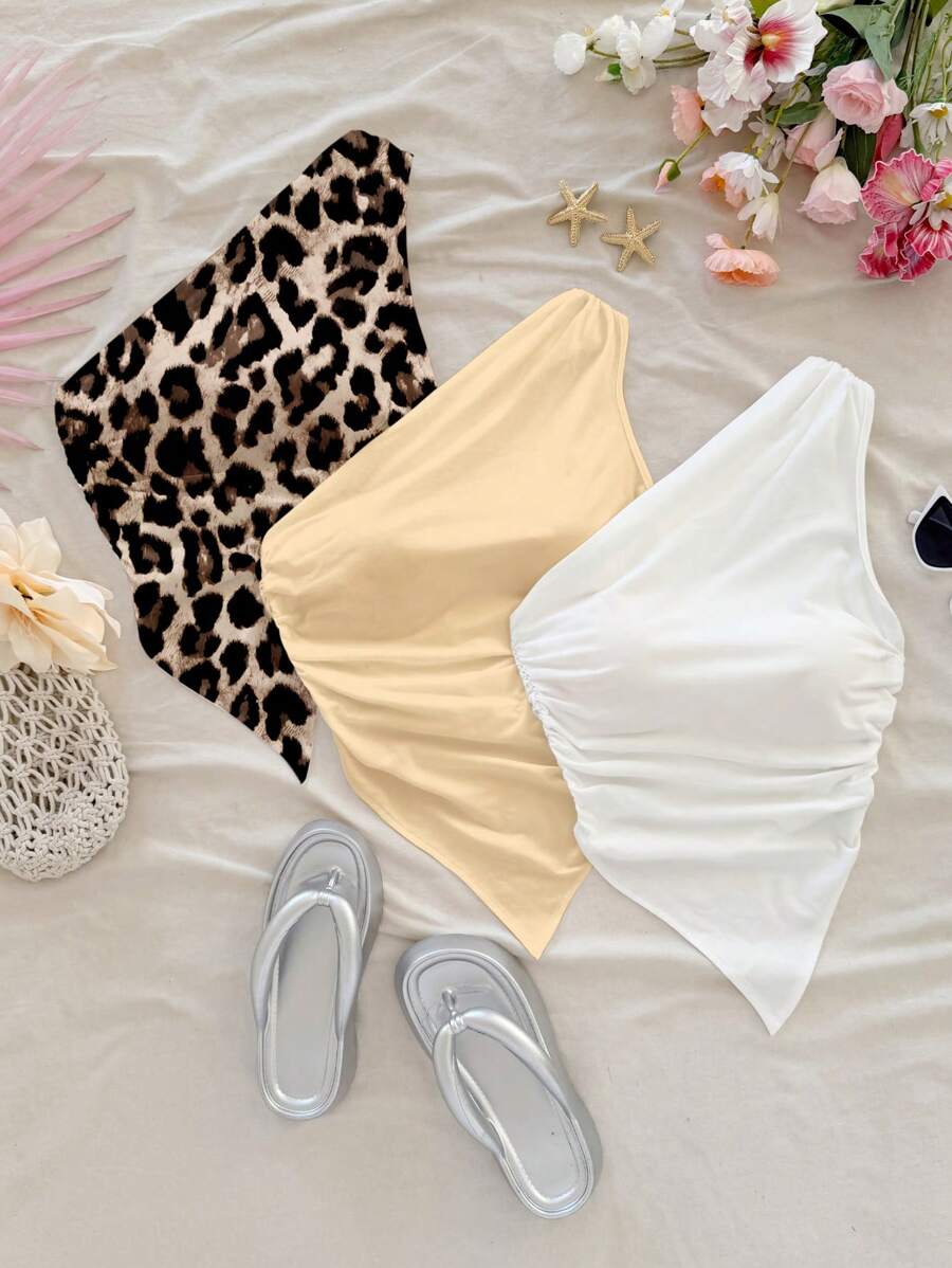 Soleia 3pcs/Set One-Shoulder Leopard Print Women Blouses, Suitable For Summer Suitable For Going Out - Multicolor - View 1