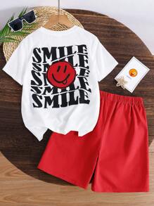 SHEIN Leap Crew 2pcs Tween Boys' Casual Street Graphic Print Round Neck Loose Knit T-Shirt And Solid Color Relaxed Shorts Set, Suitable For Commute, School, Daily Casual, Travel, Sports All Year Round - Red - View 3