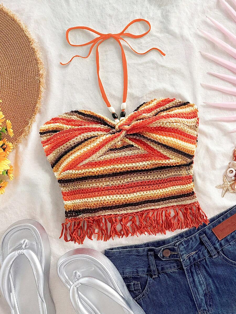 Soleia Débardeur à col ras-du-cou rayé pour femme, tenue de plage et de villégiature d'été - Multicolore - Voir 1