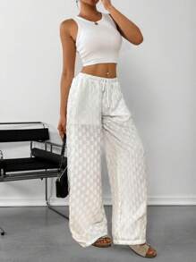SHEIN Essnce Pantalones palazzo con cintura con cordones y cortes de encaje con textura para vacaciones - Blanco - Ver 7