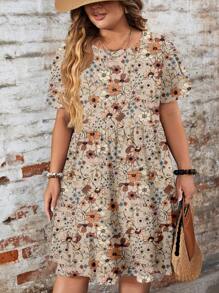 EMERY ROSE 杏色花卉印花浪漫图案休闲宽松圆领短袖大码连衣裙，适合秋冬季