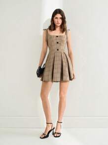 Maija Vestido mini casual de mujer con detalle de nudo, plisado y abotonadura sencilla, versátil, con estilo y elegante