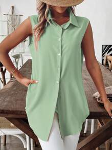 SHEIN LUNE 女士休闲度假不对称下摆无袖开衩纯色衬衫