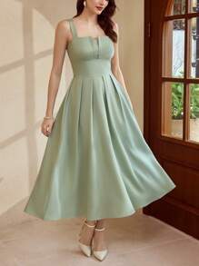 Vintamour Robe longue verte élégante et rétro pour femmes, robe ajustée évasée sans manches, printemps/été