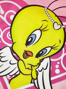 LOONEY TUNES X SHEIN 1pc Cute Cartoon Tweety Bird Pattern Polyester Foldable Tote Bag, With Small Pouch Attached, Can Be Hung On Bags - Pink - View 7