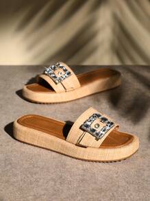 SHUZIA Women Flat Slides Sandals Sparkly Rhinestone Slip On Flat - Beige - View 4