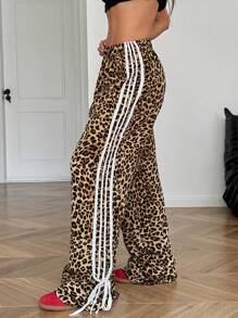 SHEIN EZwear Leopard Print Contrast Striped Bowknot Long Pants Leopard Print Pants - Coffee Brown - View 6