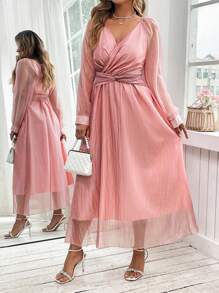 Flirla Đầm dài chữ A tay bồng xòe xếp nếp cổ chữ V cỡ lớn - Hồng - Xem 4