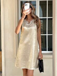 SHEIN LUNE Metallic Coating Shiny A-Line Dress, Casual & Resort Wear For Spring/Summer,Casual - Gold - View 5