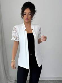 Elenzga Elegant Commuting Solid Color Lace Patchwork Short Sleeve Jacket - White - View 3