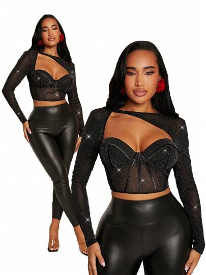 SHEIN SXY 春夏情人节服饰优雅老款黑色不对称镂空领口带闪光网眼长袖短款修身女式紧身胸衣上衣