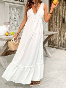 SHEIN VCAY Women's White Summer Boho Sleeveless Backless Maxi Sundress,Holiday Beach Vacation Outfits,Casual Solid Color Tropical Dress For Party,Music Festival - White - View 6