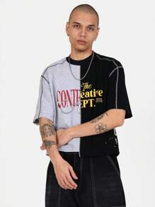 SUMWON Creative Department Split Design Boxy T-Shirt Urban Streetwear Graphic Logo Cotton Tee Casual Skater Style Modern Typography Design Oversize Fashion Statement