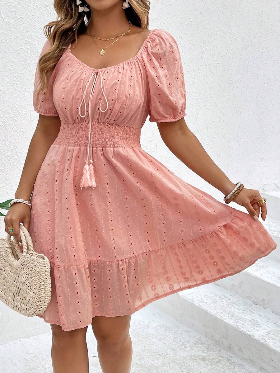 Flirla Plus Size Front Tie Embroidery & Applique French Elegant Puff Sleeve Dress - Orange - View 1