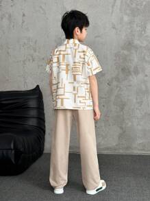 SHEIN 2pcs Set: Boys Casual Geometric Line Print Short Sleeve Shirt And Long Pants, Commuting