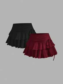 SHEIN MOD 2 件套女士休闲简约褶皱腰 A 字裙、演唱会女士、巡游女士、俱乐部女士性感、泡泡裙 - 彩色 - 查看 12