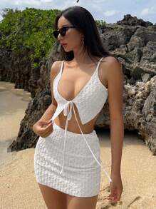 DAZY Set da 2 pezzi per donna, costume da bagno e coprispalle, tessuto strutturato, top tankini sexy con scollo alla halter e mini gonna abbinata, casual e versatile