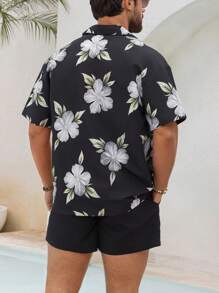 Manfinity Swimmode Men Floral Print Short Sleeve Single Breasted Shirt & Shorts Beach Suit Set Man Swim Trunks