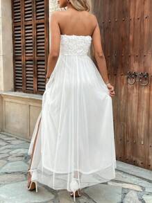 Rafferiza 女士纯色 3D 花卉网眼拼布前开衩吊带连衣裙