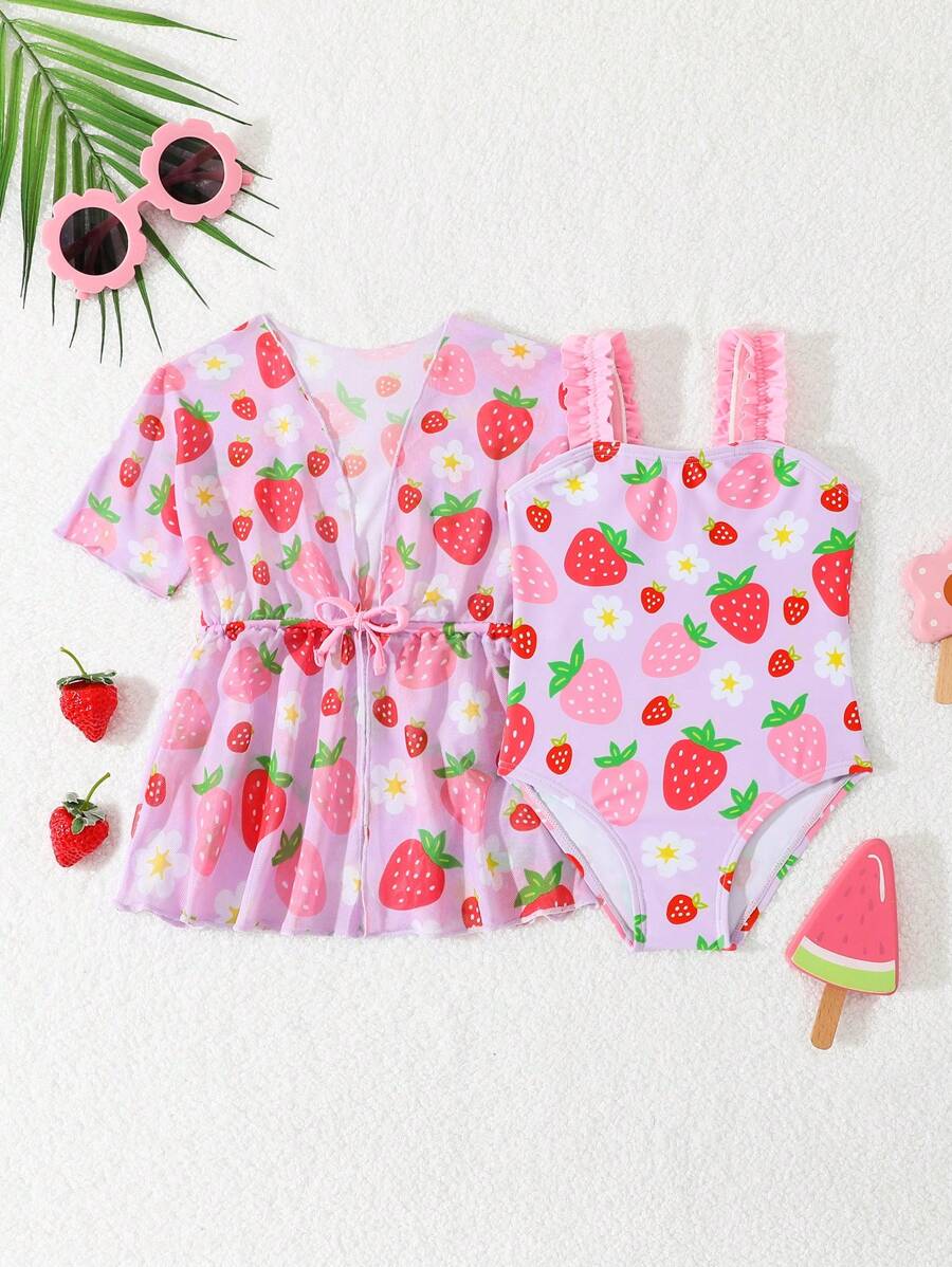 Baby Girl Strawberry Print One Piece Swimsuit With Cover-Up - Multicolor - View 1