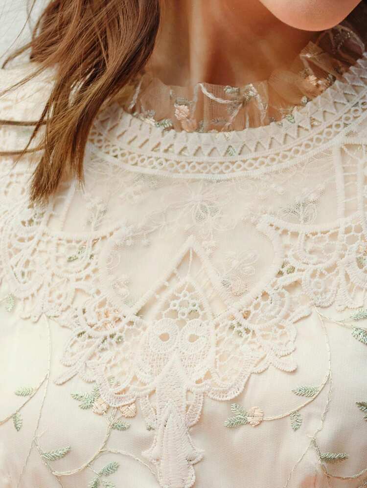MESH FLORAL EMBROIDERY RUFFLE HEM DRESS