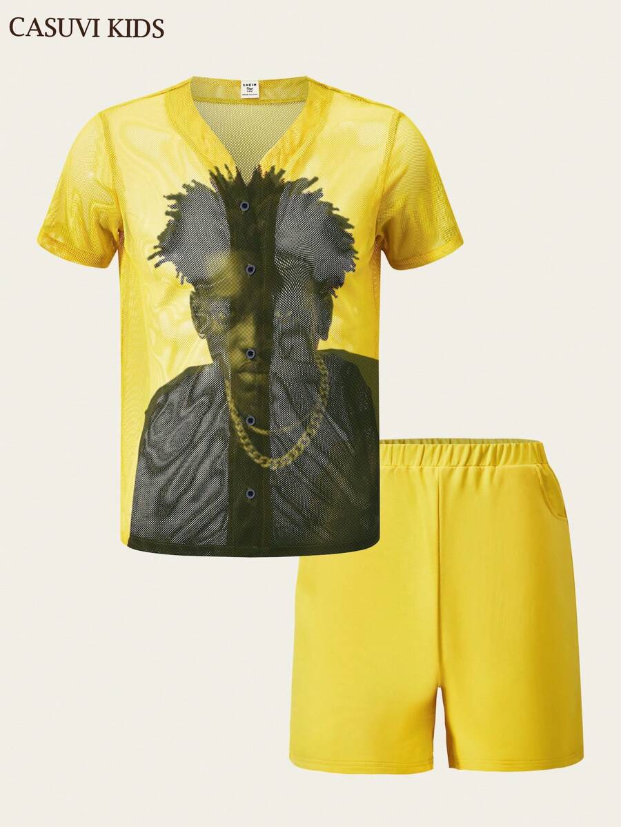 SHEIN Explorewe Set 2pcs/Set Kaos dan Celana Pendek Olahraga Berbahan Jala untuk Remaja Laki-laki dengan Grafis Potret AI - Kuning - View 1