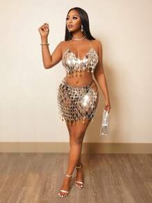 BamGleam 2 件套女士纯色亮片镂空性感短款露背上衣和迷你裙套装 - 銀色 - 查看 4