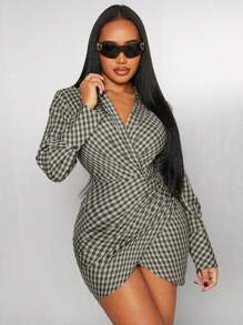 SHEIN SXY Casual Minimalist Military Green Plaid Long Sleeve Shirt Dress, Suitable For Work, Party, Casual Outing, Holiday, Spring/Summer - Multicolor - View 4
