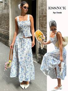 SHEIN Essnce 2 Pieces Set: Ditsy Floral French Style Camisole And A-Line Skirt For Women, Spring/Summer