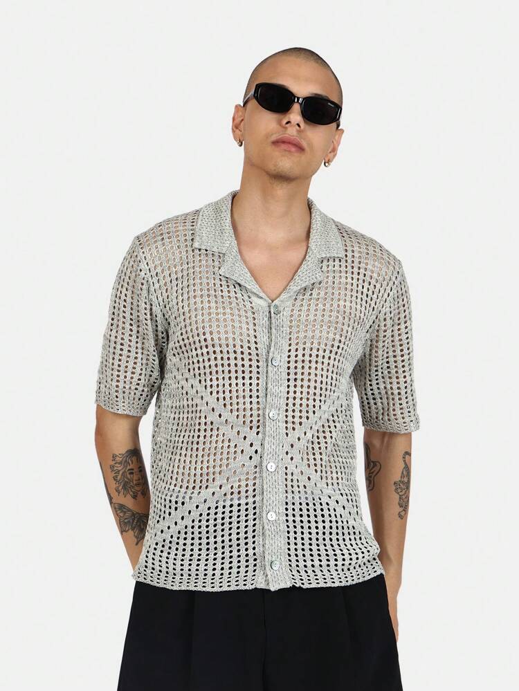 Crochet Knit Button Down Polo Shirt