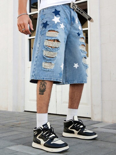 Anime قميص جينز برقبة قصيرة مطرز بنجوم للرجال