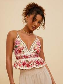 Travachic 夏季优雅花朵印花荷叶边下摆吊带背心