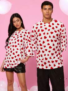 Manfinity VCAY Camiseta de manga corta unisex de corte holgado, cuello redondo y hombros caídos con estampado de pequeños corazones en todo el diseño