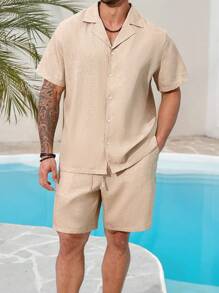 Genlund Plus Size Men Solid Short Sleeve Single-Breasted Shirt And Shorts Set - Khaki - View 4