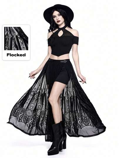 Goth Falda con patrón de castillo gótico vintage flocado