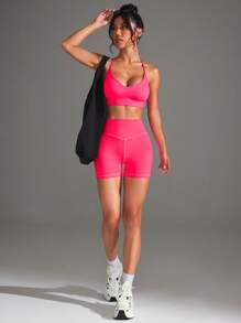 SHEIN Sports Women Sports Yoga Racerback Bra Top And Tight Shorts Set