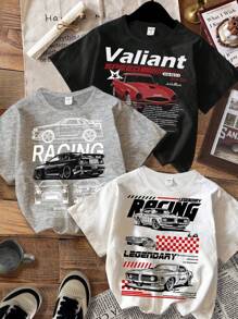 SHEIN Leap Crew Tween Boys Casual Racing Car Print Crew Neck Short Sleeve T-Shirt, Suitable For Summer - Multicolor - View 1